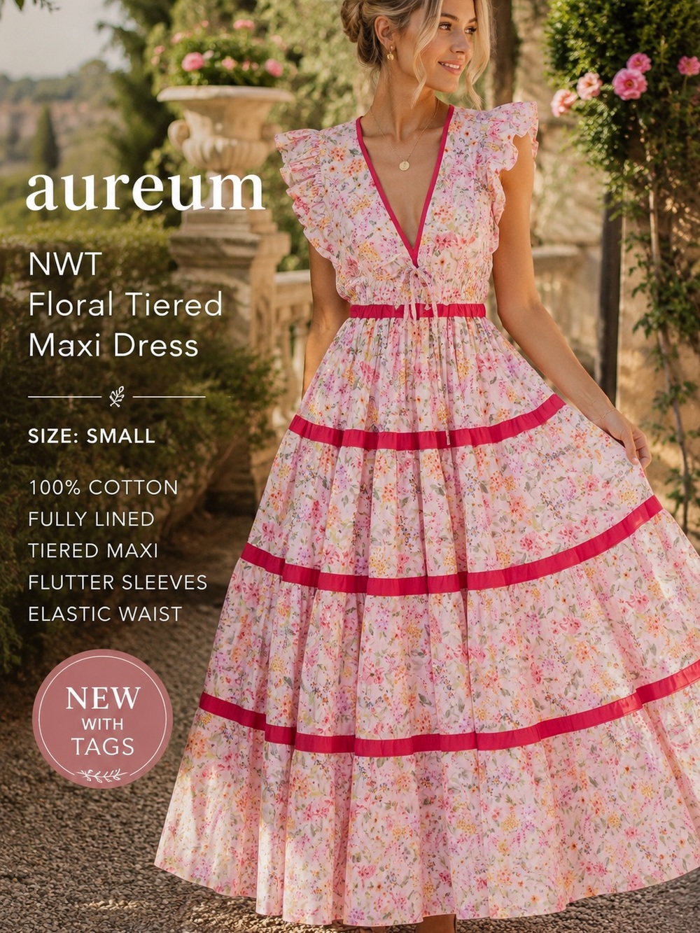 Aureum NWT Pink Floral Tiered Cotton Maxi Dress Flutter Sleeve Size Small Boho